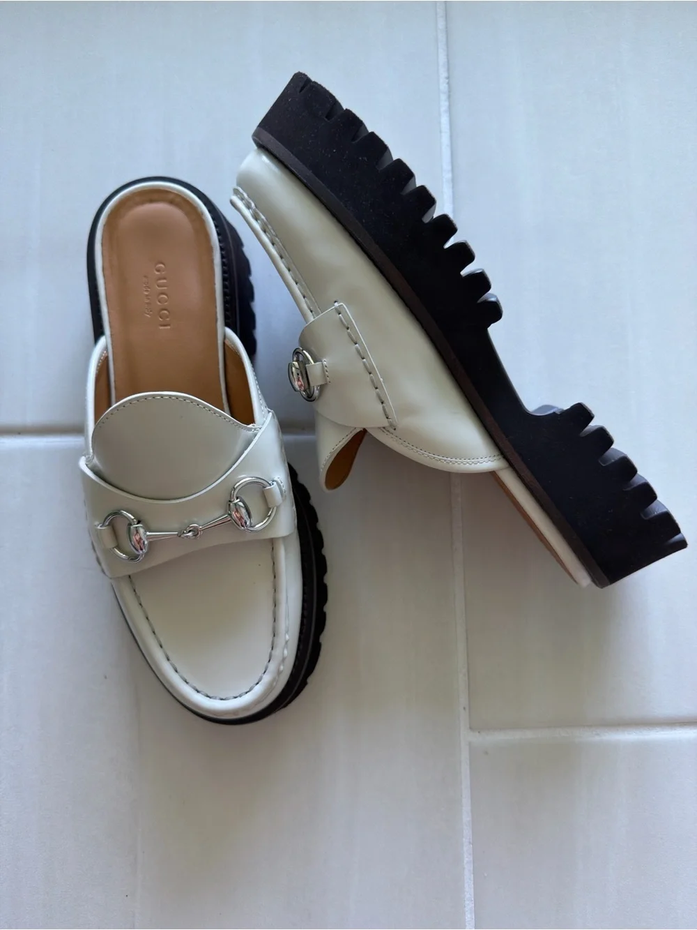 Gucci Cream Leather Horsebit Backless Loafers